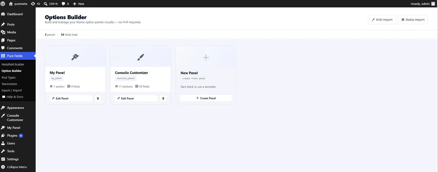Pure Metafields admin screen: panels list