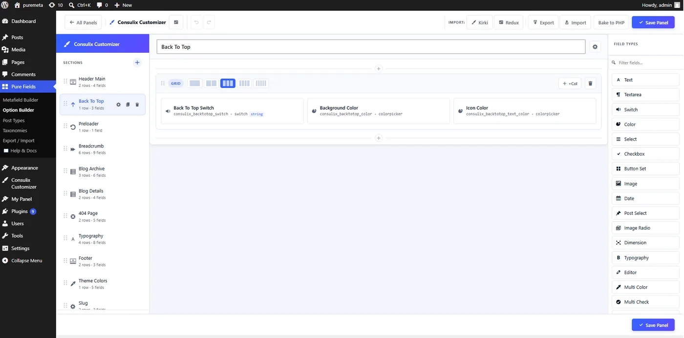 Pure Metafields admin screen: builder edit