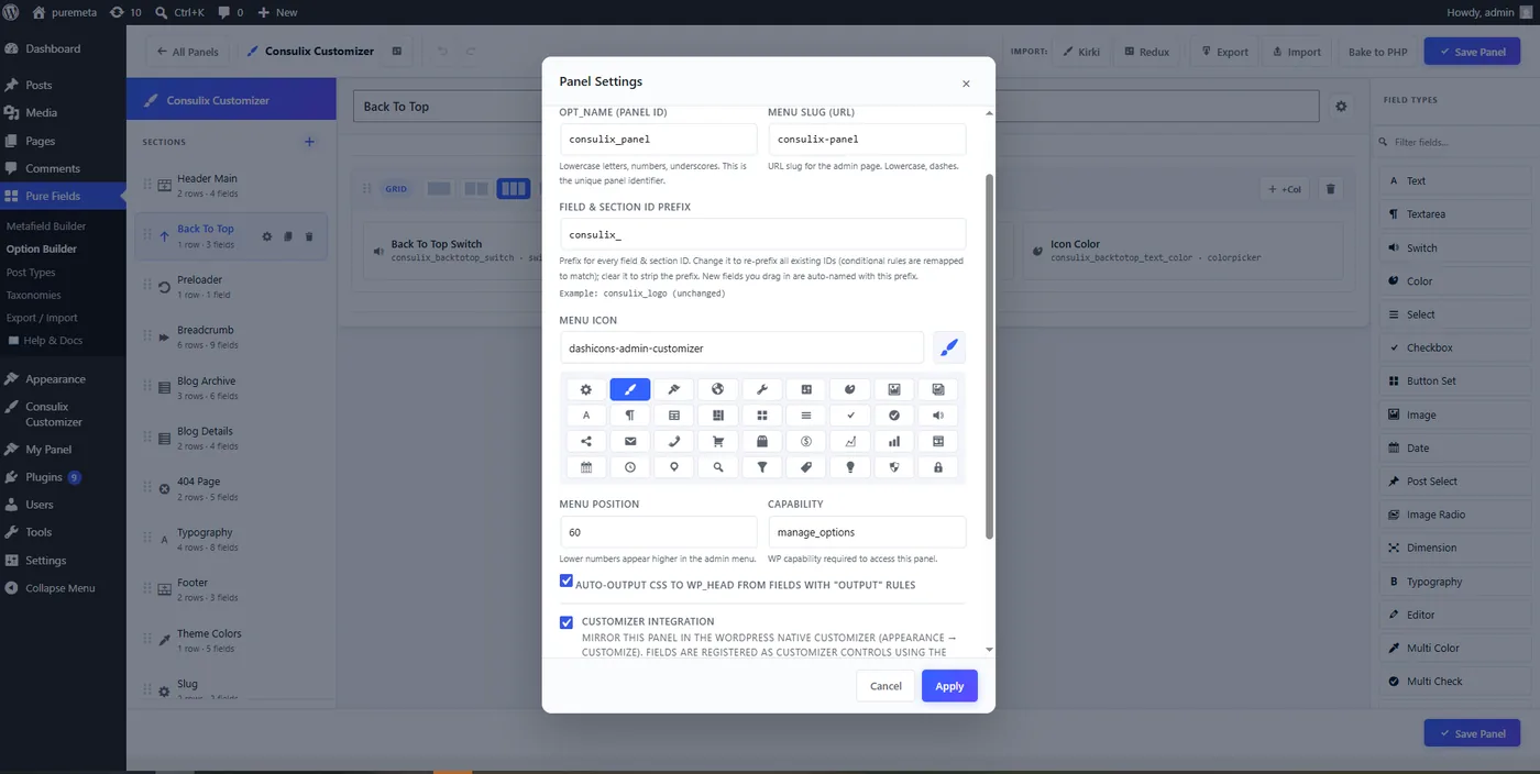 Pure Metafields admin screen: panel settings